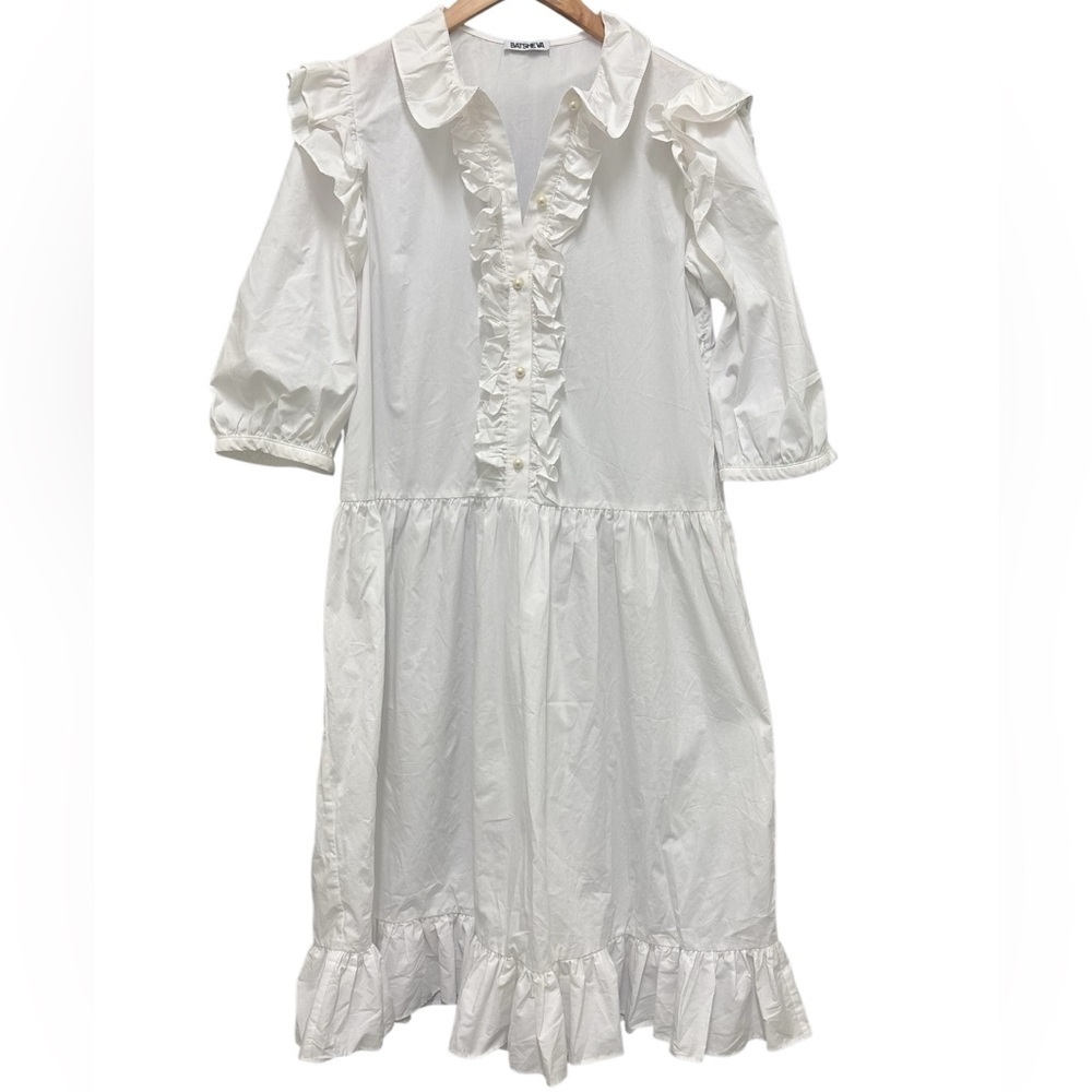 Batsheva Claudette Ruffle Cotton Poplin Dress Size 12 White Pearl Button